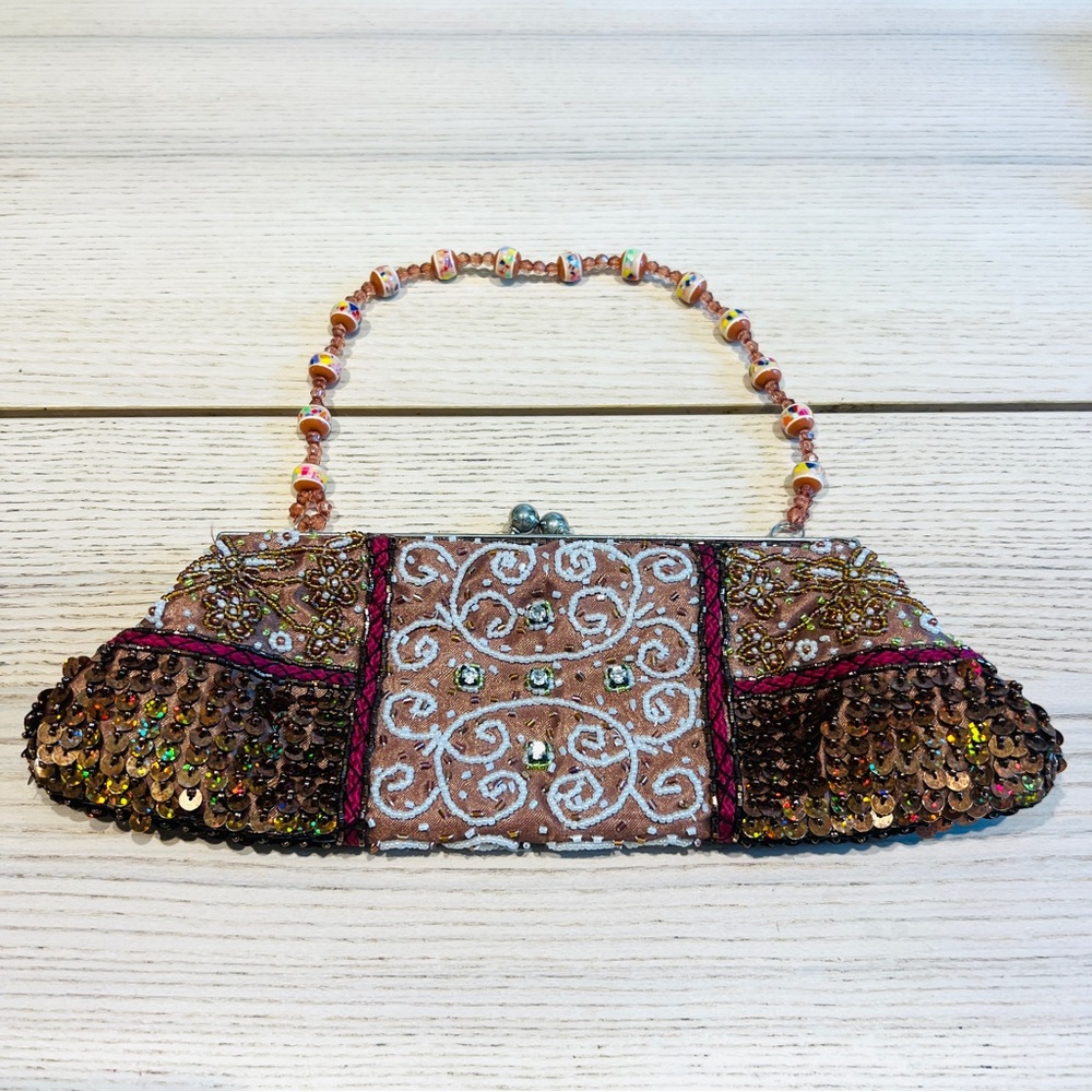 Rose gold Embroidered, Jeweled, sequins, rhinestone Beaded Small Clutch bag